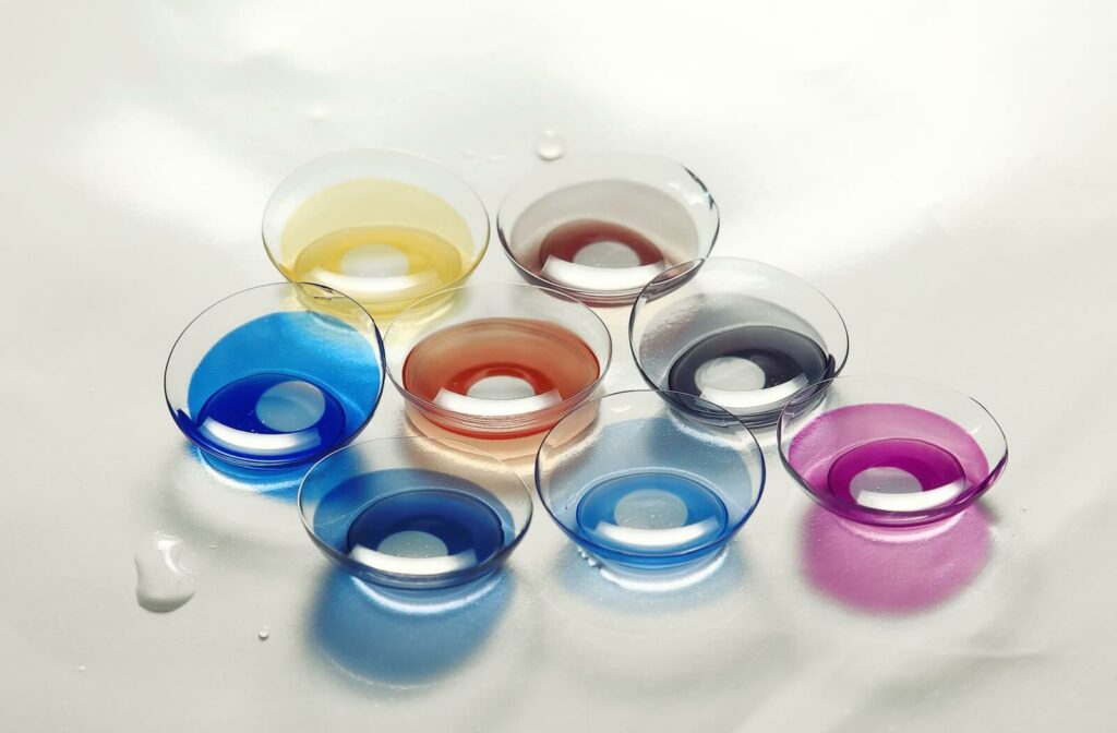 Colored contact lenses for costumes on a white surface