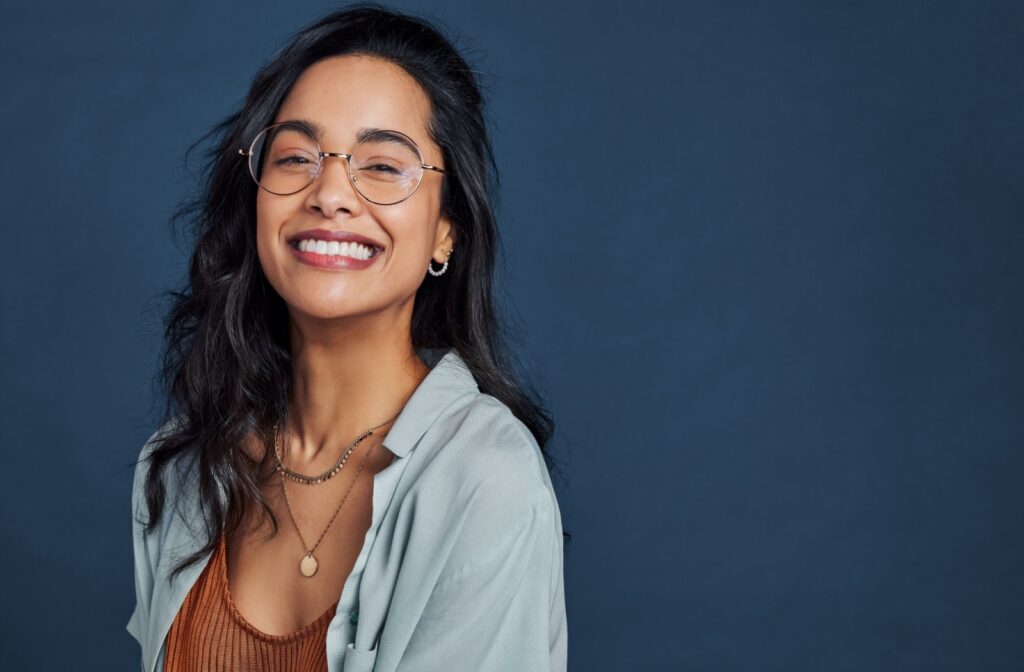 A person wearing corrective lenses for their myopia